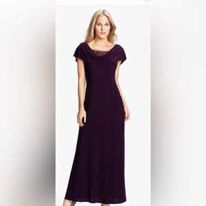 Purple evening gown, beaded appliqué and illusion back